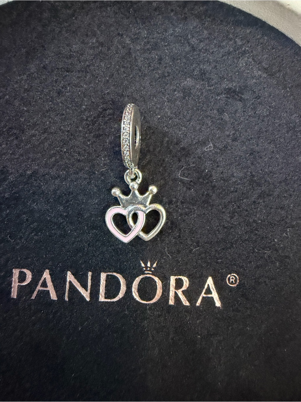 Pandora Silver Double Heart Crown Charm with Pink Accent